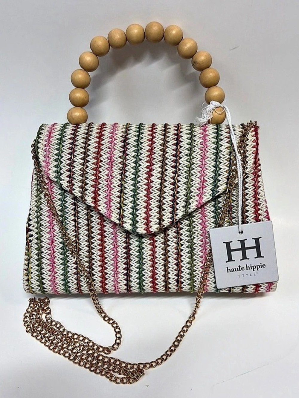 Haute Hippie Straw Stripe Wooden Bead Handle Satchel Small Crossbody Chain Strap